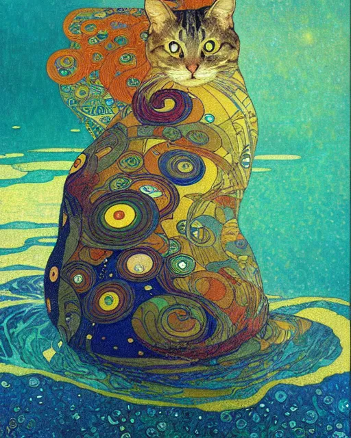 Image similar to ocean cat portrait an oil painting splashes with many colors and shapes by gustav klimt greg rutkowski and alphonse mucha, polycount, generative art, psychedelic, fractalism, glitch art