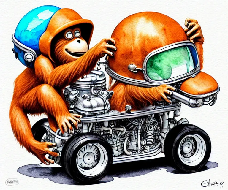 Image similar to cute and funny, orangutan wearing a helmet riding in a tiny hot rod with oversized engine, ratfink style by ed roth, centered award winning watercolor pen illustration, isometric illustration by chihiro iwasaki, edited by range murata, tiny details by artgerm, symmetrically isometrically centered