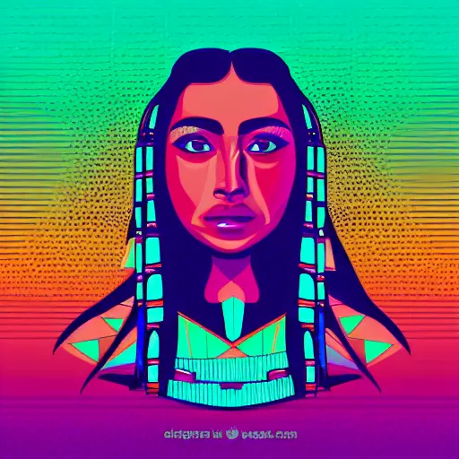 Prompt: a portrait of a beautiful native american woman, in retro colors, synthwave style, 2 d digital vector art