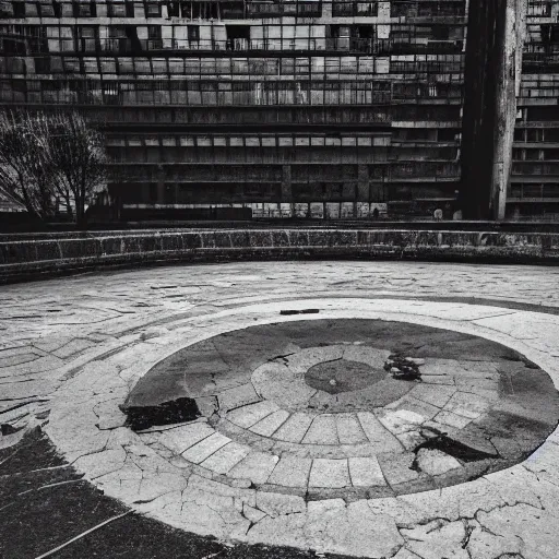 Prompt: a circular platform with broken edges, urban ruins, god's realm, off - white tones, 4 k