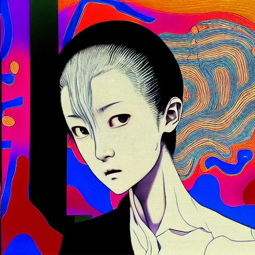 Image similar to yoshitaka amano blurred and dreamy three quarter angle portrait of a young woman with white hair and black eyes wearing dress suit with tie, playstation 2 horror game, junji ito abstract patterns in the background, satoshi kon anime, chungking express color palette, noisy film grain effect, highly detailed, renaissance oil painting, weird portrait angle