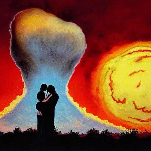 Image similar to A family hugging each other, apocalyptic nuclear explosion in the background