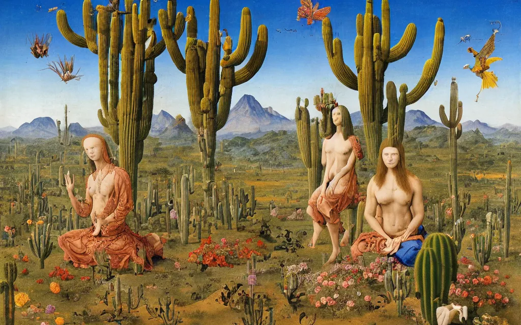 Prompt: a portrait photograph of a meditating sphinx and a centaur king riding birds at a river delta. surrounded by bulbous flowers, animals, trees and cacti. mountain range under a vast blue sky of burning stars. painted by jan van eyck, max ernst, ernst haeckel and ernst fuchs, cgsociety, artstation, fashion editorial