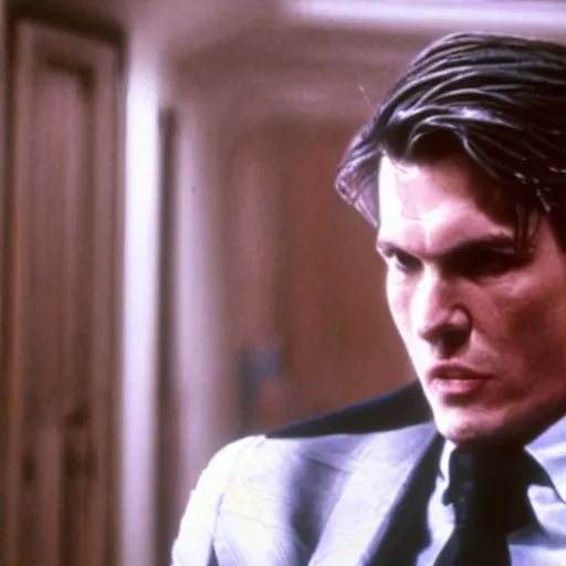 Image similar to Viktor Yushchenko as The American Psycho, cinematic still