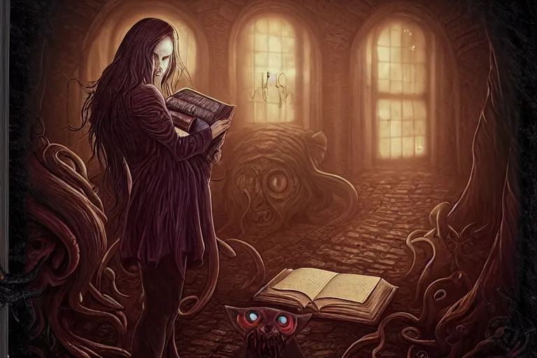 Image similar to romantic photo of bright girl, her cat and her book of necronomicon, symmetrical, cinematic, real dlsr photography, sharp focus, 4 k, ultra hd, sense of awe, sinister demonic atmosphere, dreadful, forbidden knowledge, old gods, cthulhu, yog - sothoth! yah, yah, yah! cultist journal cover