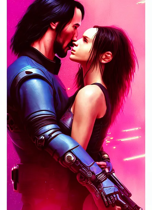 Image similar to a cyberpunk 2077 couple portrait of Keanu Reeves & female android in final kiss,love,film lighting,by Laurie Greasley,Lawrence Alma-Tadema,Dan Mumford,artstation,deviantart,FAN ART,full of color,Digital painting,face enhance,highly detailed,8K,octane,golden ratio,cinematic lighting