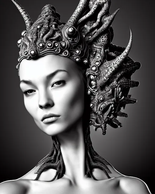 Prompt: a black and white high quality photo of a young beautiful female queen-dragon-cyborg bust with a very long neck and Mandelbrot fractal face, Mandelbrot fractal skin, flesh, anatomical, facial muscles, veins, arteries, elegant, highly detailed, flesh highly baroque ornate, hair are cable wires, elegant, high fashion, rim light, octane render, in the style of H.R. Giger and Man Ray, Realistic, Refined, Digital Art, Highly Detailed, Cinematic Lighting, Dramatic light, rim light, black and white, photo-realistic, 8K