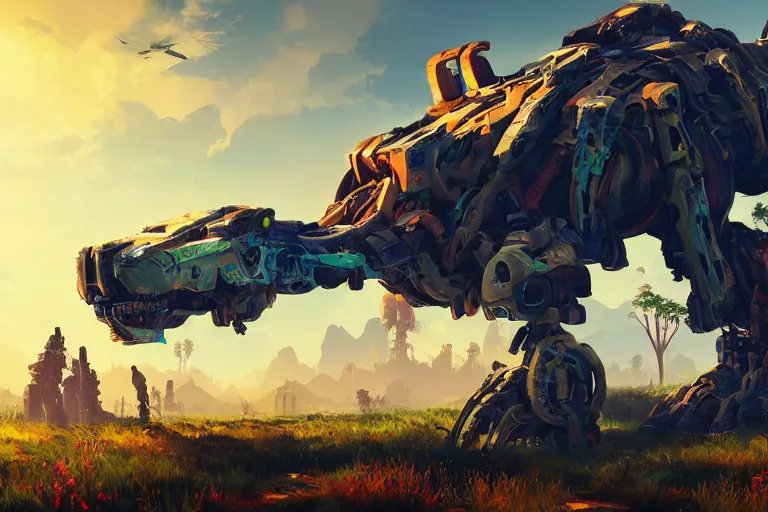 Image similar to tideripper machine mecanical creature robot of horizon forbidden west horizon zero dawn radiating a glowing aura global illumination ray tracing hdr fanart arstation by ian pesty and alena aenami artworks in 4 k