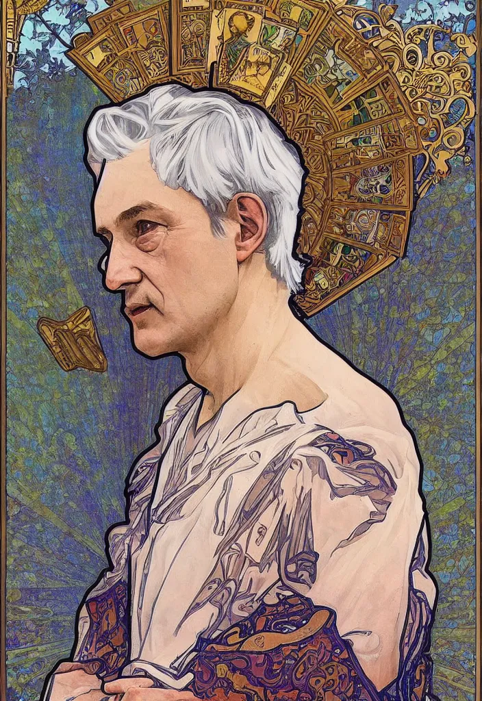 Prompt: realistic white - haired geoffrey hinton in a crown with neural networks on a tarot card, tarot in art style by alphonse mucha