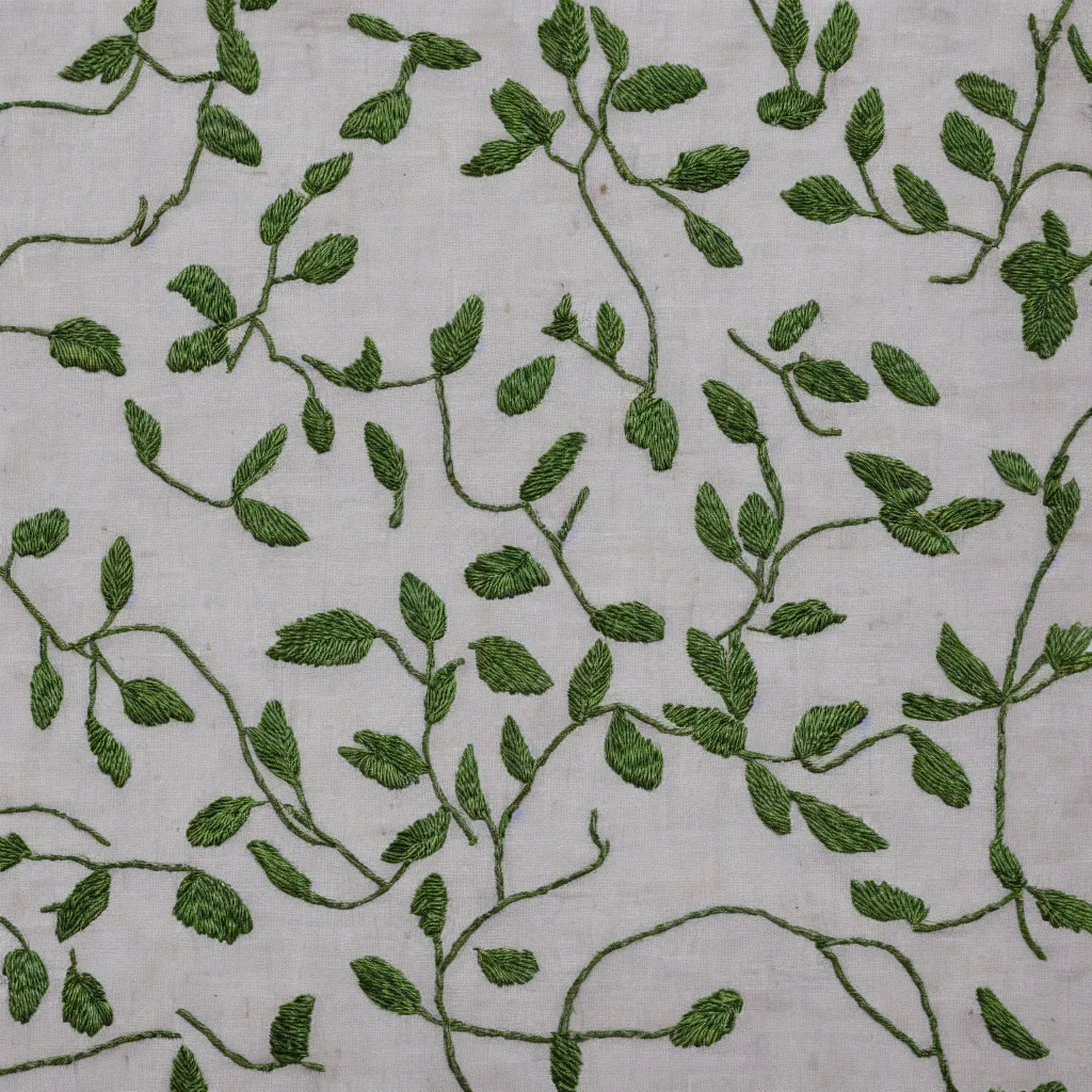 Image similar to embroidered pattern of currant leaves on white linen fabric