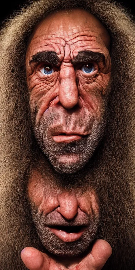 Prompt: Photo portrait Joe Rogan as a wax neanderthal cave man exaggerated brow wrapped in the national science museum background dramatic lighting 85mm lens by Steve McCurry