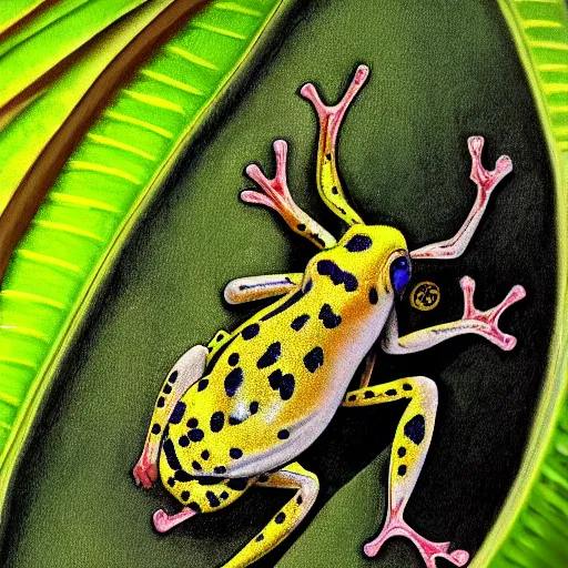 Image similar to small yellow dart frog, chilling on a leaf, in jungle, by giger alien artist, from alien movie, rule of thirds, extreme detail, 4 k, detailed drawing, trending artstation, realistic lighting, sharp focus, backlit