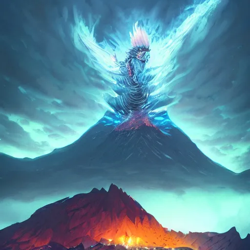 Prompt: mountain reaches into the sky, huge daragons breathing ice and fire by peter mohrbacher and dan mumford and nekro, cgsociety, volumetric light, 3 d render