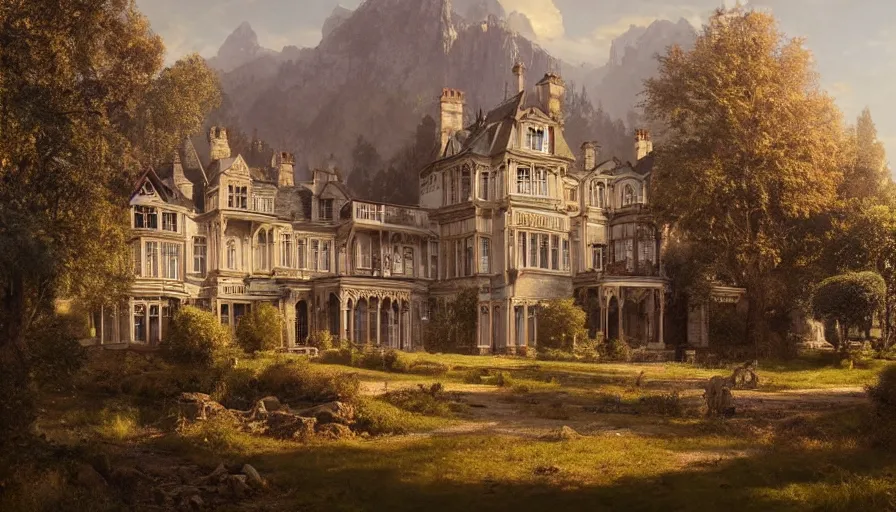 Prompt: portrait of a victorian manor house overlooking a valley, highly detailed, architecture, sunny, blue sky, cinematic lighting, highly angle, godrays, volumetric, digital art painting by greg rutkowski