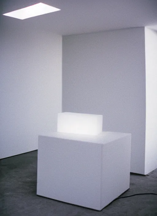 Image similar to a photograph of a glowing white cube inside of a minimalist concrete room, 3 5 mm, color film camera, pentax