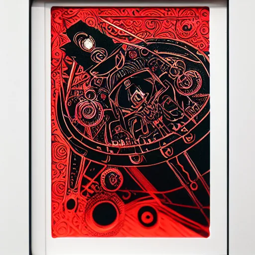 Prompt: black paper + elements + red + black + neon + baroque + rococo + ink + tarot card with ornate border frame + sebastien mitton, viktor antonov, sergey kolesov, detailed, intricate ink illustration + magic + glow + outline + laser + red + black + detailed robot falcon