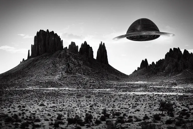 Image similar to distant alien spaceship in the style of ansel adams, black and white, old, master photography by ansel adams