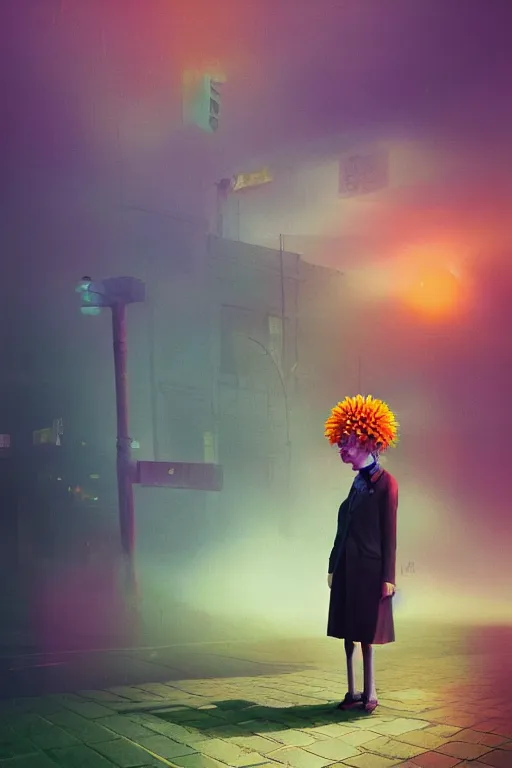 Image similar to giant dahlia flower head, frontal, girl in a suit, standing in street, surreal photography, sunrise, dramatic light, impressionist painting, digital painting, artstation, simon stalenhag