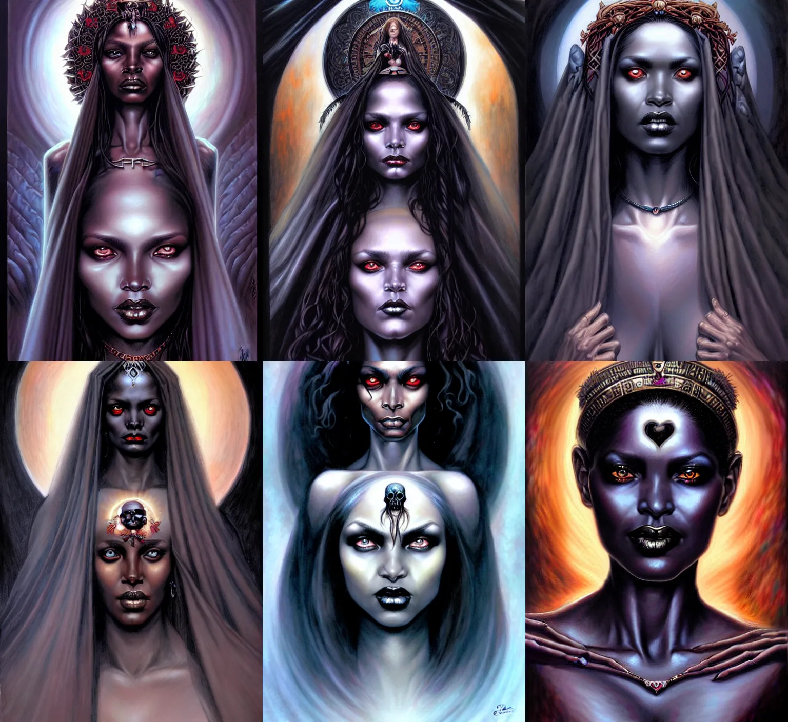 Prompt: stunning goddess of death and love portrait, clear eyes and dark skin. realistic, symmetrical face. art by bowater charlie, mark brooks, julie bell, arian mark, tony sandoval