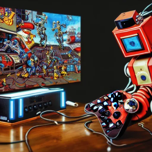 Prompt: an elaborate robot holding a retro game controller in its hand, on screen retro game shown in background, intricate details, hyperrealistic oil painting on canvas, deep depth field, hd, hdr, 4 k, 8 k,