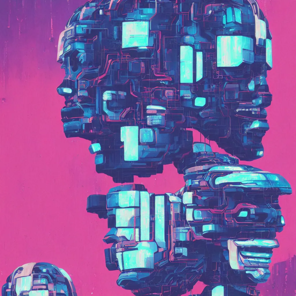 Prompt: a graph - style gouache impasto huge robot head, cyberpunk art by by james gilleard, katsuhiro tomo, cgsociety, retrofuturism, synthwave, retrowave, outrun