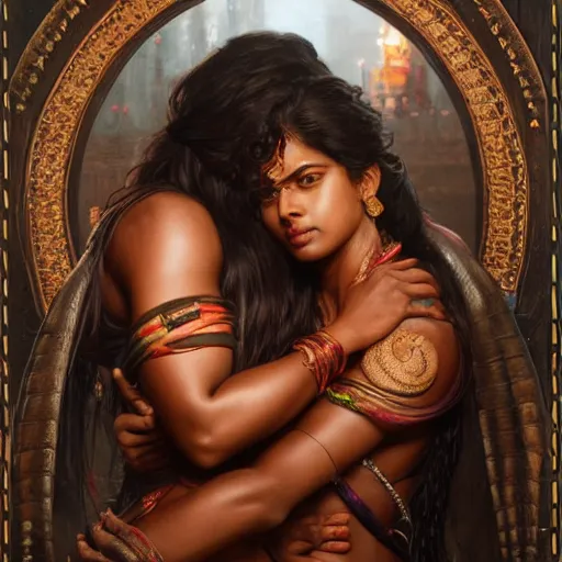 Image similar to portrait painting of dark muscular indian women hugging from behind, ultra realistic, concept art, intricate details, eerie, highly detailed, photorealistic, octane render, 8 k, unreal engine. art by artgerm and greg rutkowski and alphonse mucha