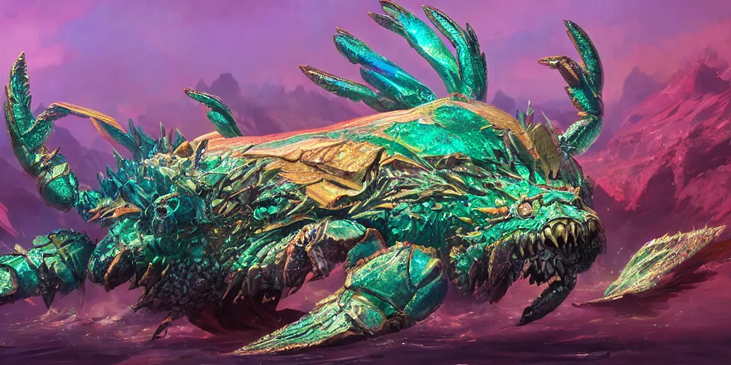 Image similar to Iridescent crab seamonster, character design sheet, Monster Hunter Illustrations art book, diamond sharp claws, huge arms, iridescent shards on its back, Moebius, Greg Rutkowski, Zabrocki, Karlkka, Jayison Devadas, Phuoc Quan, trending on Artstation, 8K, ultra wide angle, zenith view, pincushion lens effect.