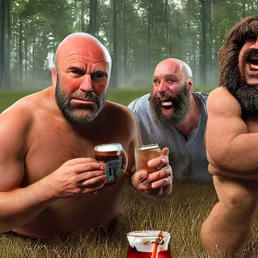 Prompt: caveman chugging a beer with joe rogan and alex jones frolicking around in a field of mushrooms smoking in real life, 8 k, 4 k uhd, realistic, hyper realistic, super detailed, very detailed, detailed