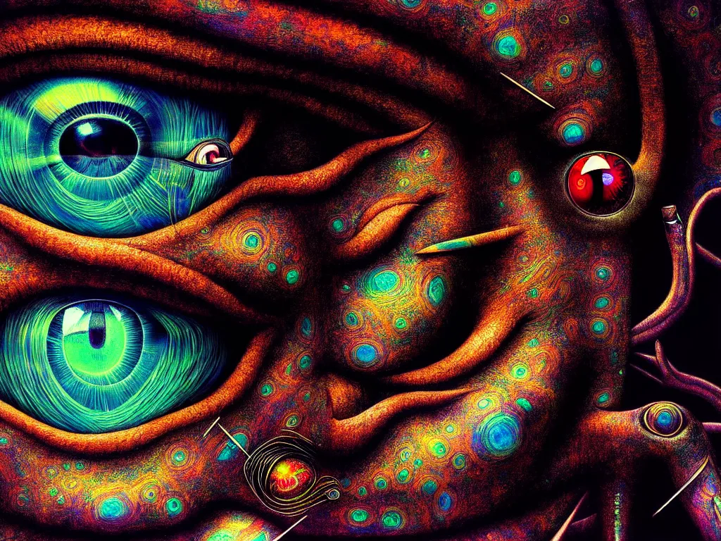 Prompt: highly detailed photo of psychedelic dilated pupil, trending on deviantart, neo surrealism, sharp focus, a lot of little details, octane, masterpiece, art by max ernst