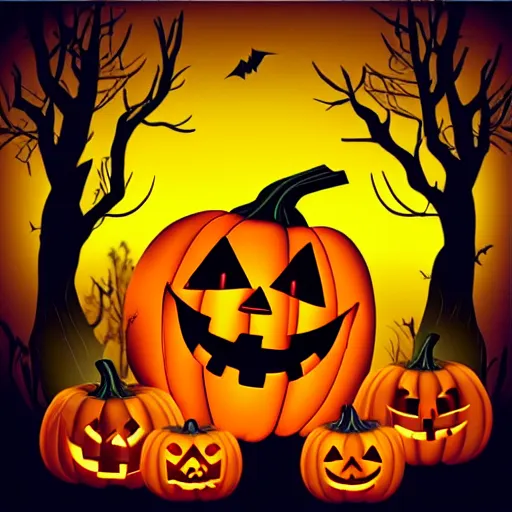 Image similar to cartoon tattoo of a halloween pumpkin with glowing eyes on shoulder with light shading in the background, night time scene in graveyard with full moon and bats flying, mist