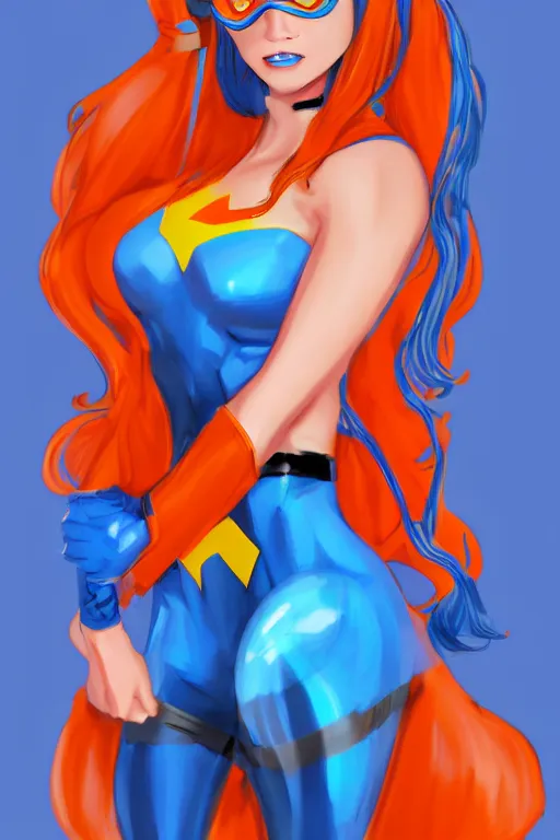 Image similar to blue eyed female Latin superhero with long hair and orange transparent goggles, WLOP, by marvel, trending on artstation