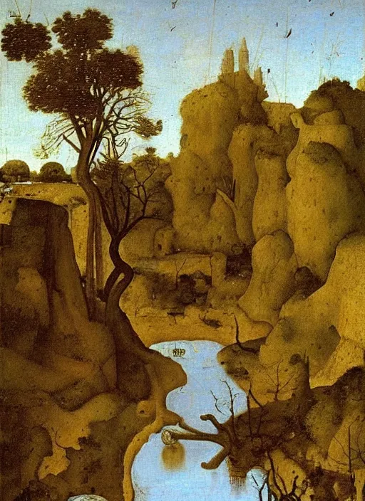 Prompt: water being in the river, medieval painting by Jan van Eyck, Johannes Vermeer