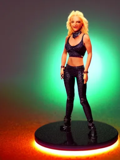 Prompt: a resin miniature of Britney Spears wearing a metallic green peasant crop top, matte black pants, and crimped hair in Warhammer, miniature product photo, full body, on textured disc base, 4K, HD, orange neon backlighting