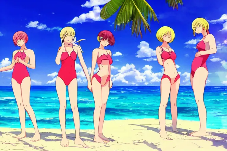 Prompt: cell shaded anime key visual of group of girls in swimsuits on a tropical beach with large crystals in the sand in the style of studio ghibli, moebius, makoto shinkai, dramatic lighting