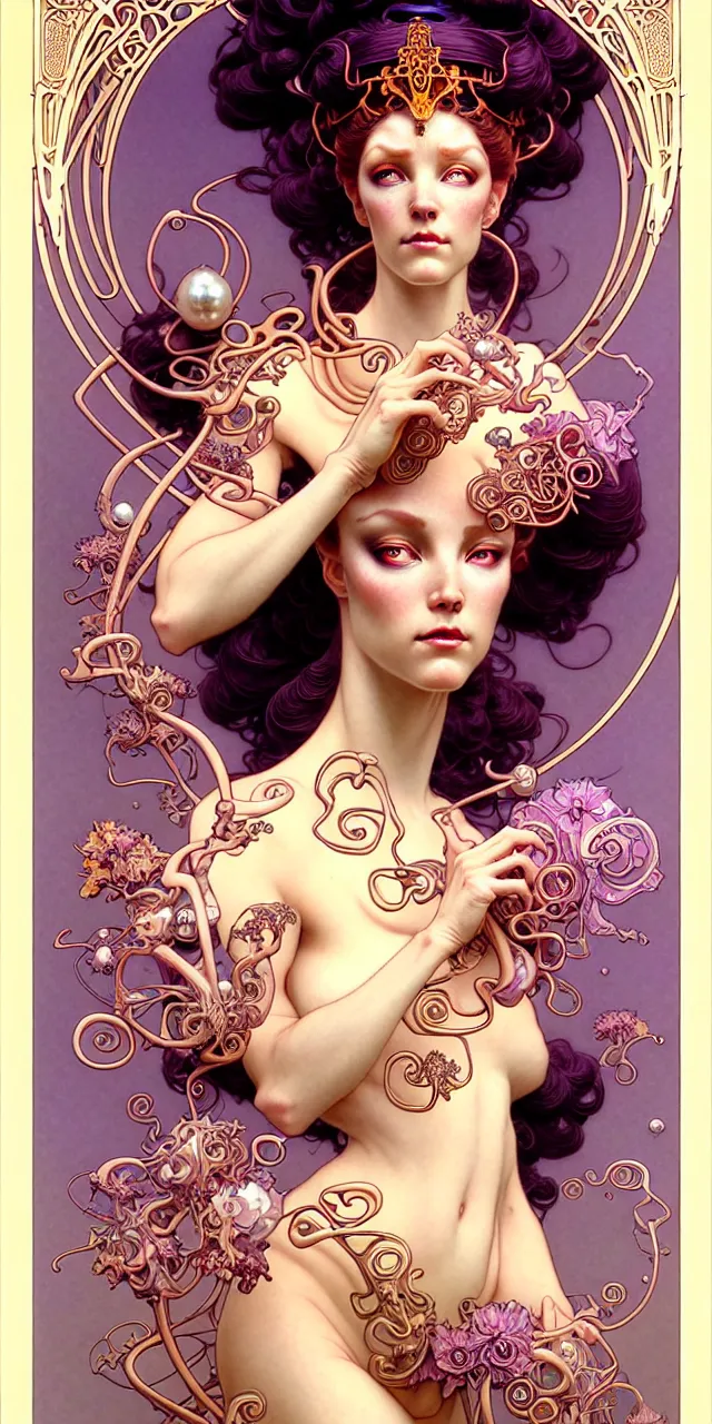 Prompt: beautiful princess art nouveau fantasy character portrait, ultra realistic, intricate details, the fifth element artifacts, highly detailed by peter mohrbacher, hajime sorayama, wayne barlowe, boris vallejo, aaron horkey, gaston bussiere, craig mullins alphonse mucha, art nouveau curves and spirals, flowers, pearls, jewels scattered