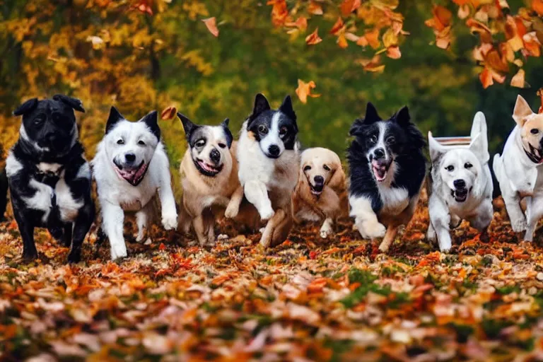 Image similar to four dogs of completely different breeds running through autumn leaves towards the camera