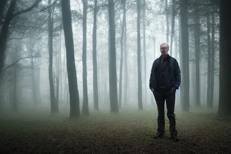 Image similar to a cinematic headshot portrait of a male scientist, in a spooky forest, fog, portrait, portrait, portrait, shrubbery, 8 k, detailed, backlight, deep focus, movie still, moody lighting, by werner herzog