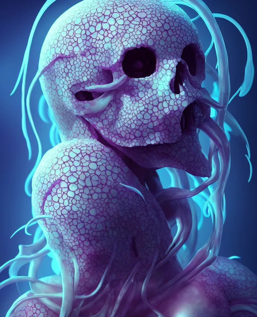 Image similar to hooded goddess close - up portrait hooded human skull, ram skull, squid phoenix jellyfish, orchid, betta fish, bioluminiscent, intricate artwork by tooth wu and wlop and beeple. octane render, trending on artstation, greg rutkowski very coherent symmetrical artwork. cinematic, hyper realism, high detail, octane render, 8 k