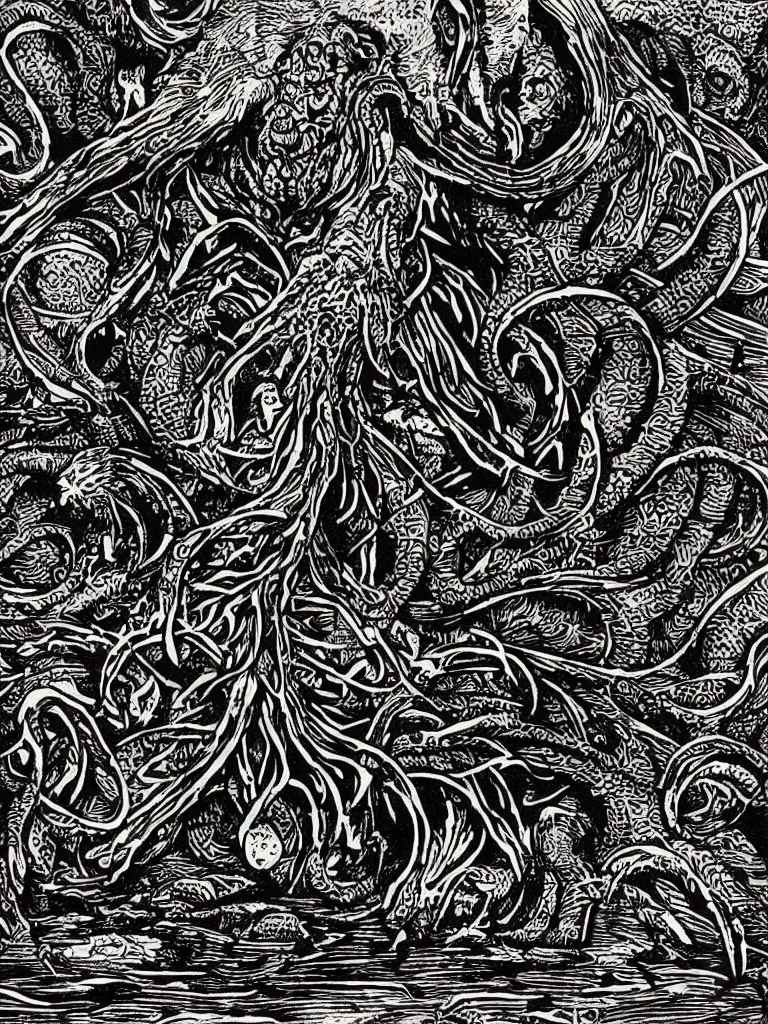 Image similar to old printmaking woodblock print of a intricately detailed tribute to the elder god cthulhu, beautiful dark fantasy, 8k detail