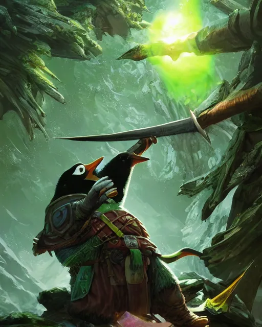 Image similar to Pengolin rogue, green, forest background, magic the gathering artwork, D&D, fantasy, cinematic lighting, centered, symmetrical, highly detailed, digital painting, artstation, concept art, smooth, sharp focus, illustration, volumetric lighting, epic Composition, 8k, art by Akihiko Yoshida and Greg Rutkowski and Craig Mullins, oil painting, cgsociety