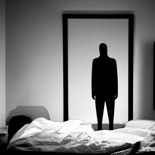 Prompt: a picture of a tall black silhouette of a person menacingly staring at a person while they sleep in their bed at night