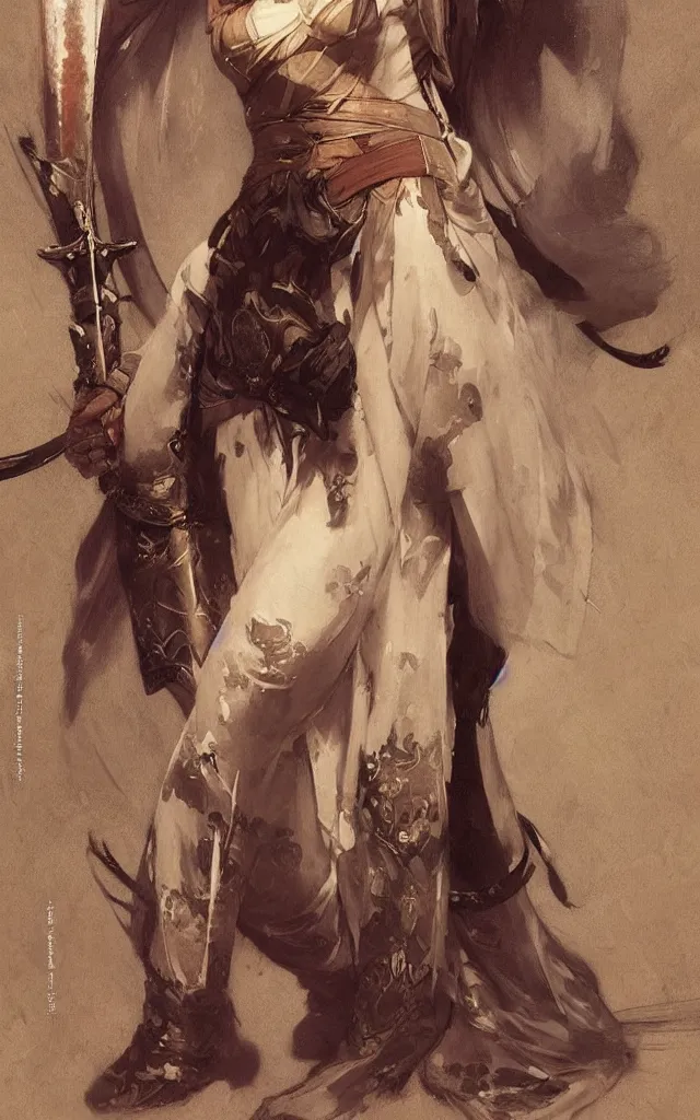 Image similar to modern elegant female samurai ninja, with large sword, feminine, powerful, beautiful, upper body, muscular, wide leg hakama trousers, highly detailed, by gaston bussiere, mucha, gerome, craig mullins, greg rutkowski, john singer sargent