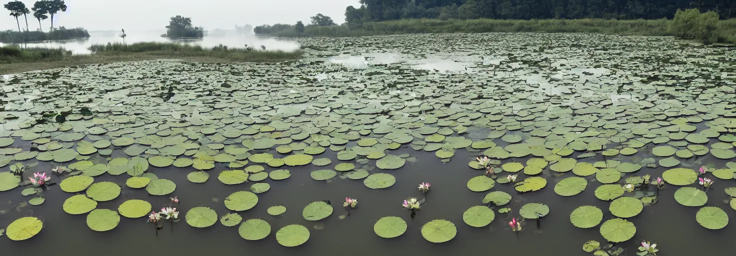 Prompt: A large combat robot lies in the shallow waters of a lake in front of an abandoned cityat sun dawn, water lilies float on the surface of the water