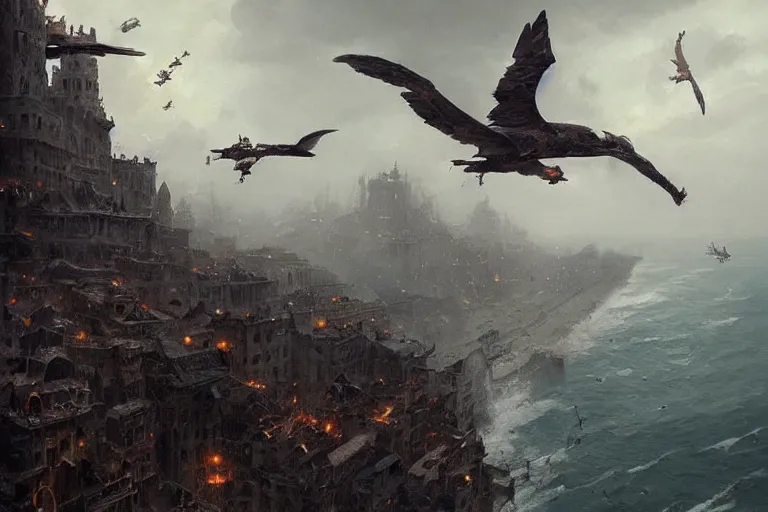 Image similar to people FLYING ON BIRDS, over the ocean, towards a GIGANTIC wall, protecting the city from black mist, cinematic, greg rutkowski, detailed, intricate