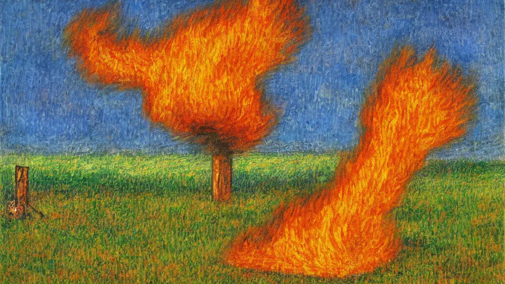 Prompt: fire in a field post - impressionism artwork