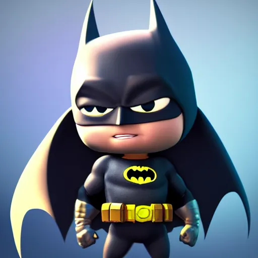 Prompt: A ultra detailed render of a chibi style Batman in a power stance pose, artstyle by Pixar, adorable, cute, Portrait Lighting, trending on ArtStation, octane render, cinema4d, Zbrush,