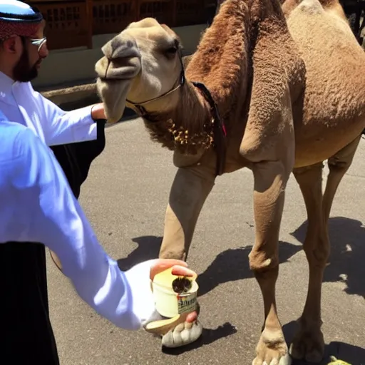 Prompt: camel stealing an ice cream from the hands of a saudi arabian prince
