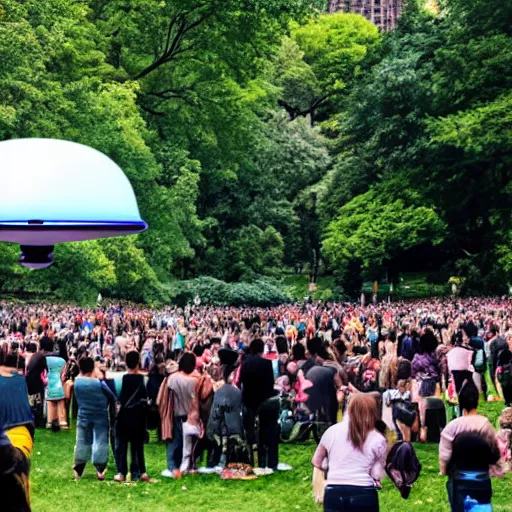 Prompt: a crowd of people watching and waving to a departing ufo in Central Park