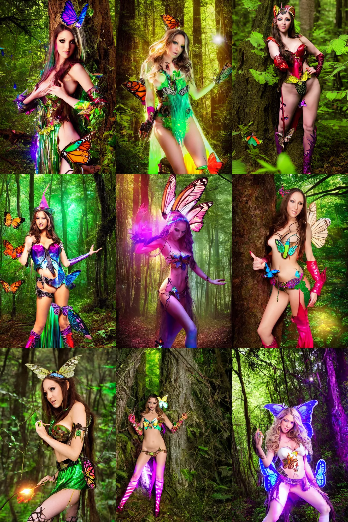 Prompt: elf Jenna Haze in a forest, a butterfly resting on her index finger, wearing a fantasy outfit, colorful lighting