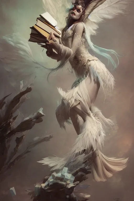 Image similar to beautiful ghost model wearing crystal white feathers, holding books, fantasy, dramatic lighting, highly detailed, digital painting, magic the gathering, hyper detailed, 3 d render, hyper realistic detailed portrait, peter mohrbacher, wlop, ruan jia